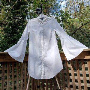Forever 21 White Flared Bell Sleeves Button Up Long Blouse/Shirtdress Sz S